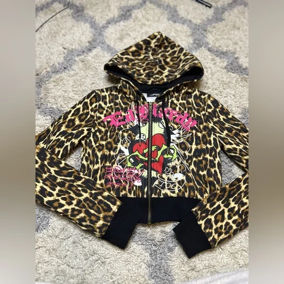 Y2K Ed Hardy Leopard Print Hoodie with Pink and Red Accents - Picture 1 of 4